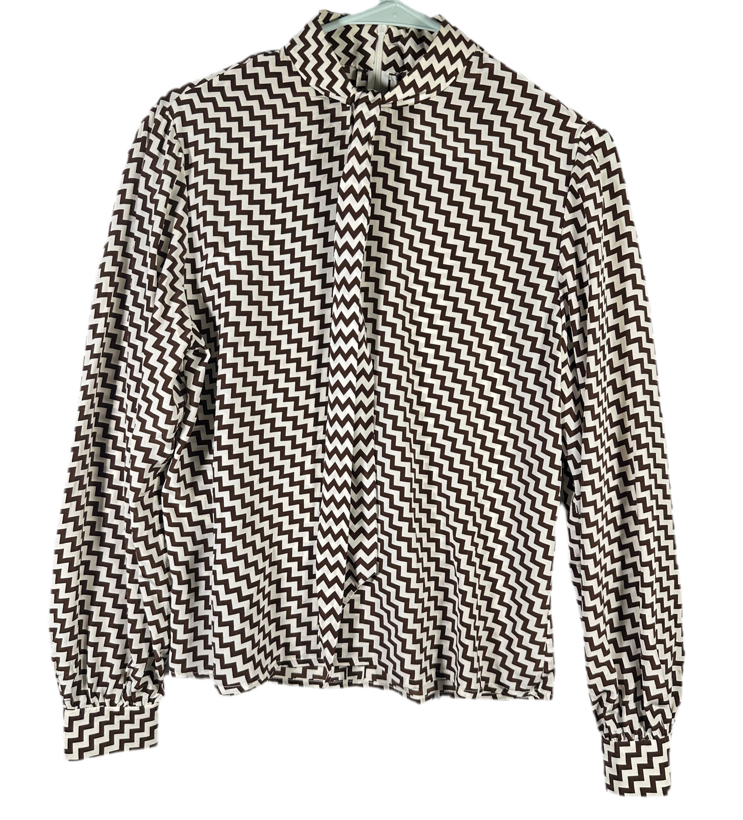 David Hayes Silk Neck Tie Blouse Brown and Cream Chevron Pattern