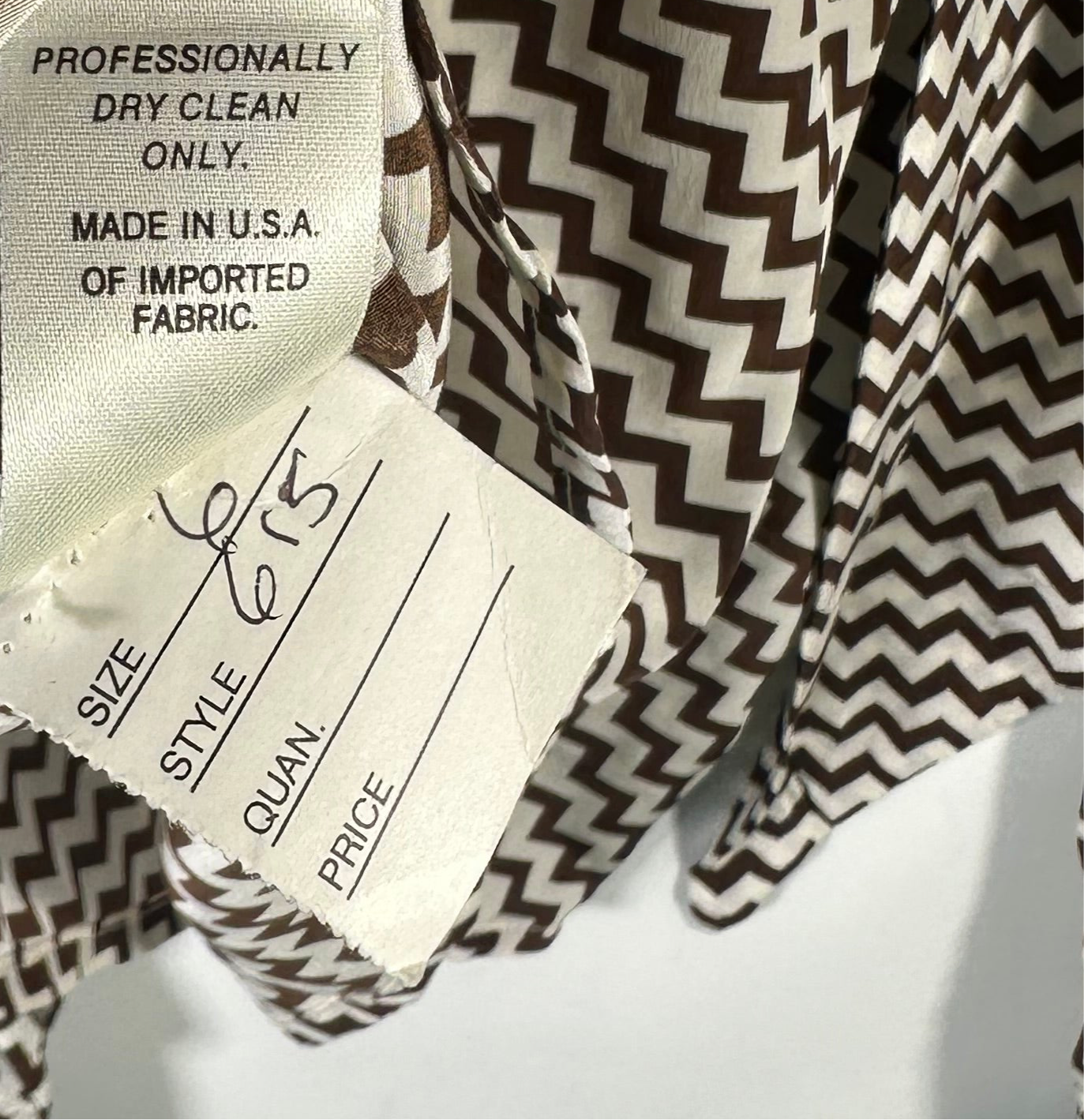 David Hayes Silk Neck Tie Blouse Brown and Cream Chevron Pattern