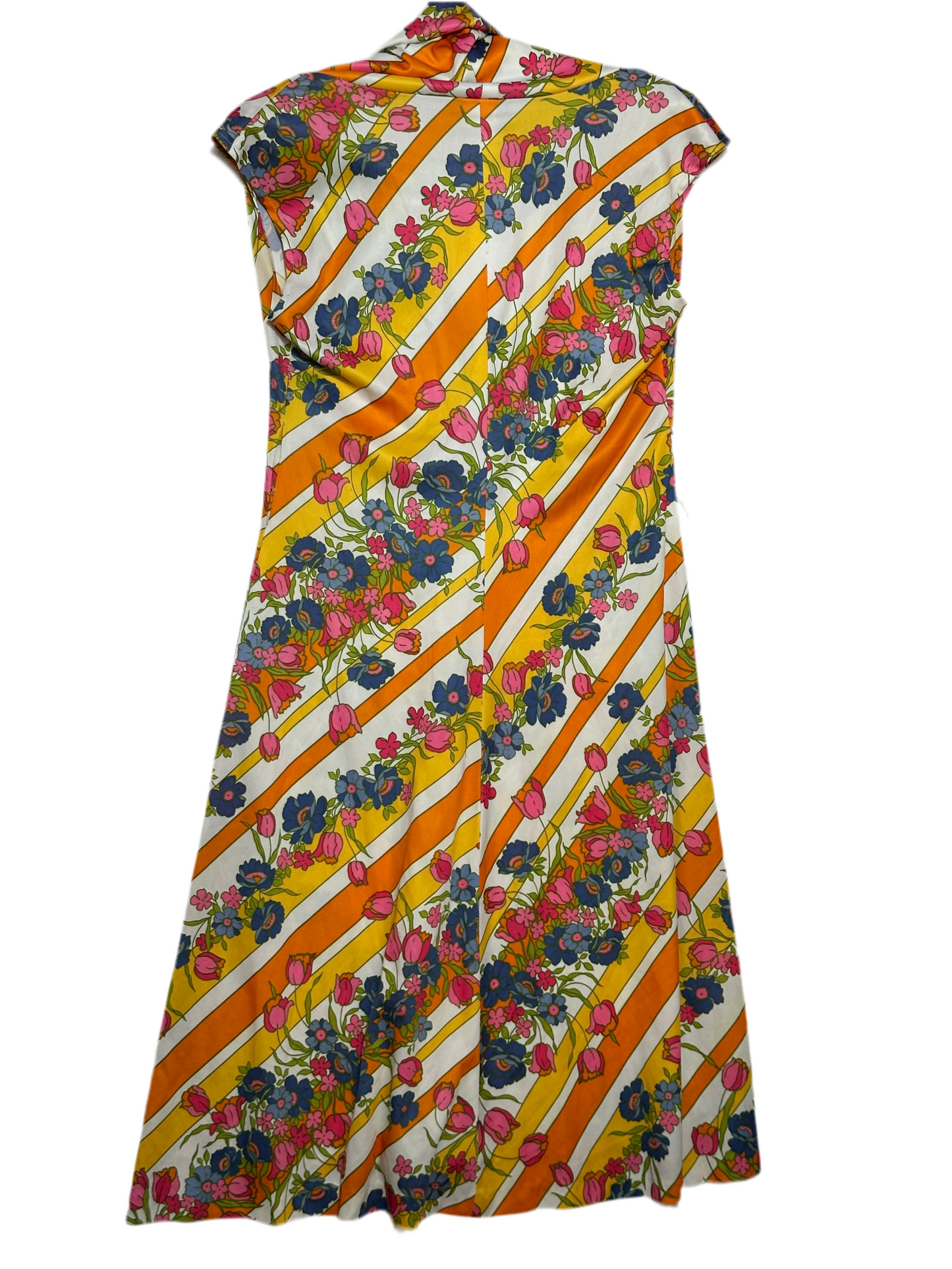 1970s Striped Floral A-Line Dress – Orange, Pink & Blue Boho Mod Print