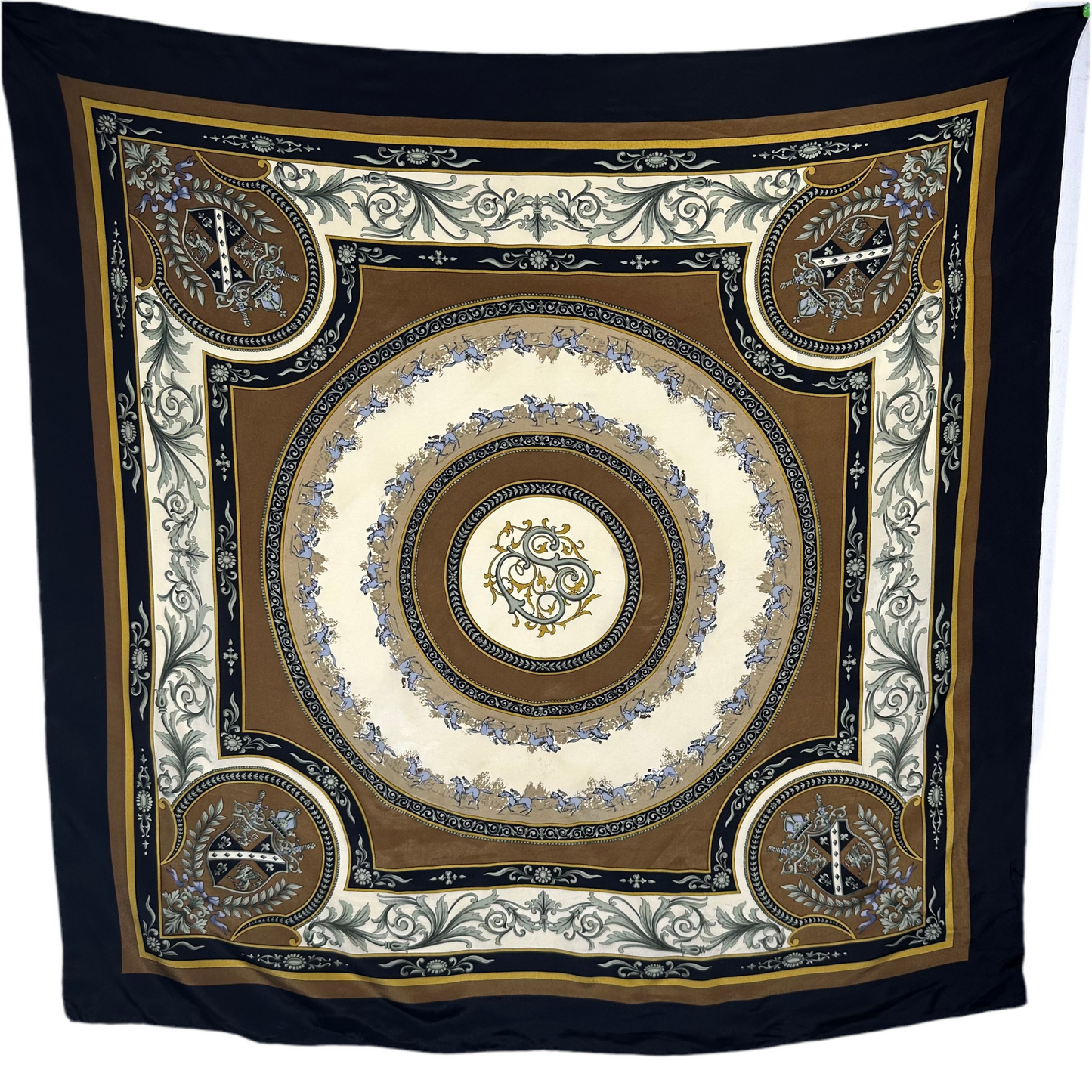 Vintage Silk Square Scarf - Equestrian Crest & Baroque Motif in Black, Brown & Gold