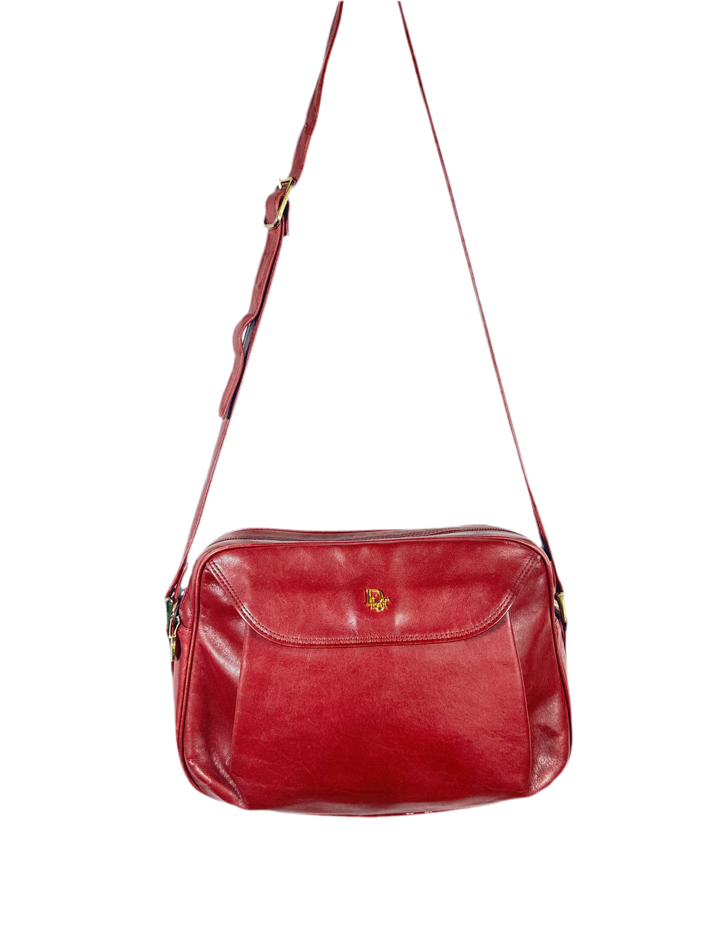 Vintage Christian Dior Red Leather Crossbody Bag with Gold Dior Emblem- Classic & Authentic