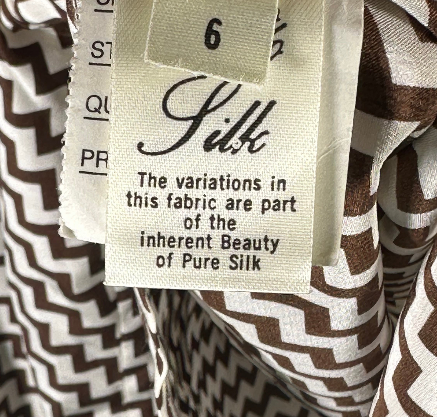 David Hayes Silk Neck Tie Blouse Brown and Cream Chevron Pattern