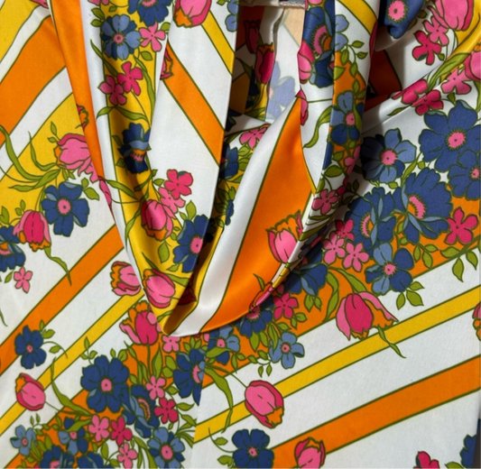 1970s Striped Floral A-Line Dress – Orange, Pink & Blue Boho Mod Print