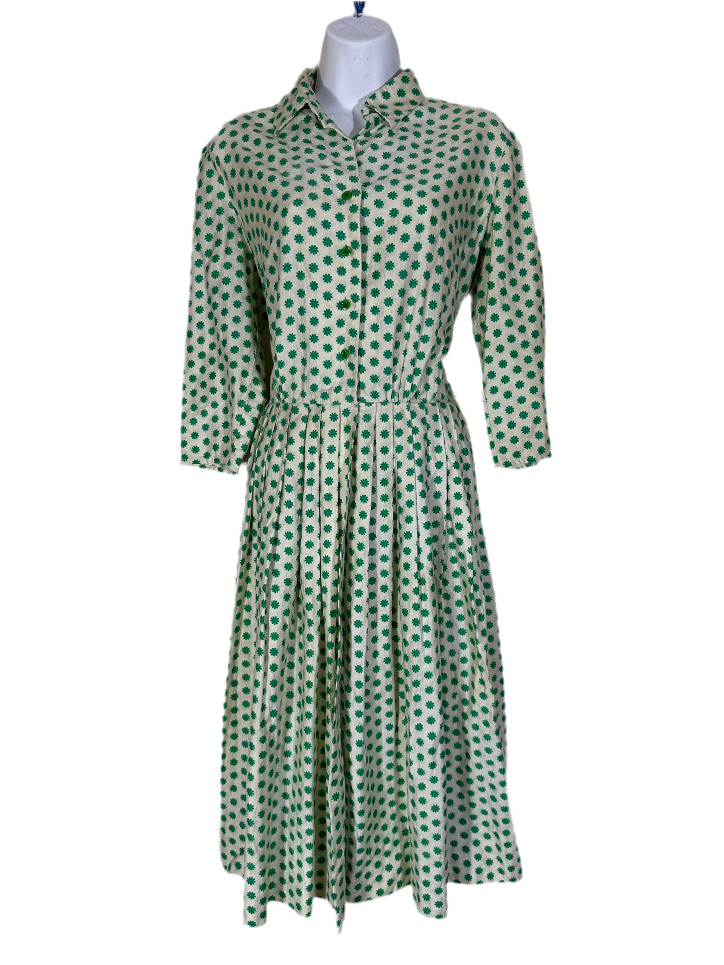 1950s Shirtwaist Dress Cotton with Green Flower Pattern