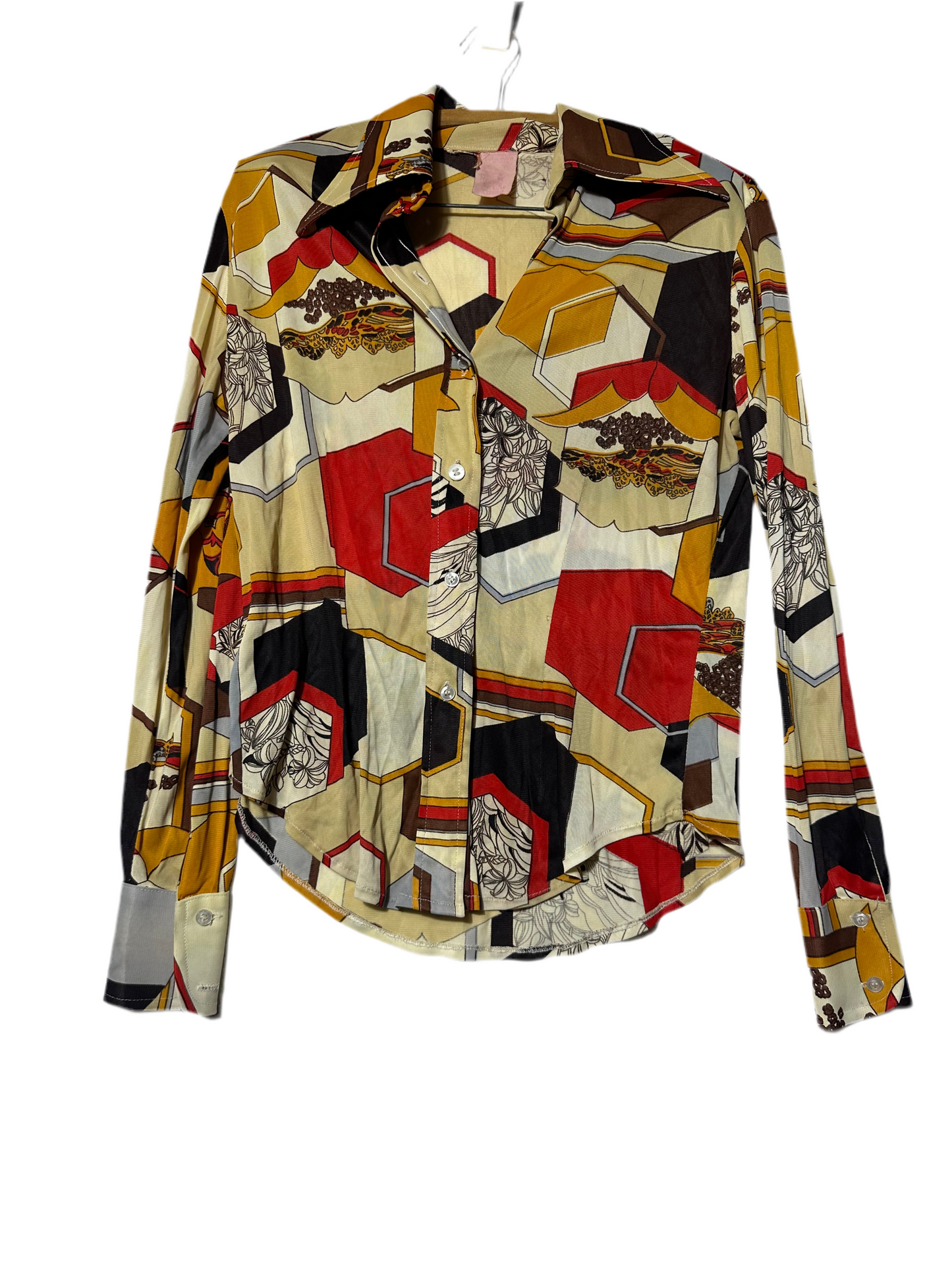 Groovy 1979s Abstract Geometric and Nature inspired pattern Button-Up