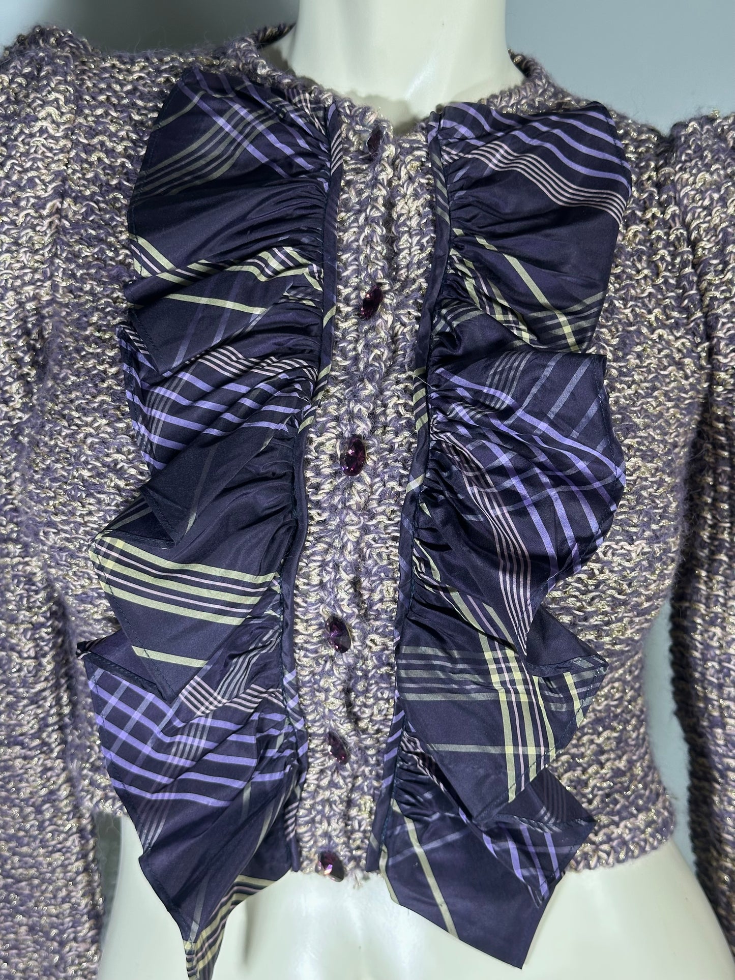 Vintage Purple Metallic Ruffled Front Sweater