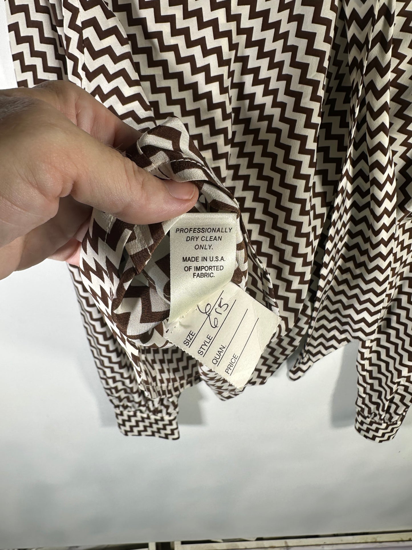 David Hayes Silk Neck Tie Blouse Brown and Cream Chevron Pattern