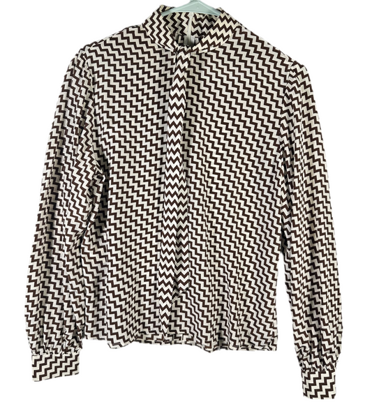David Hayes Silk Neck Tie Blouse Brown and Cream Chevron Pattern