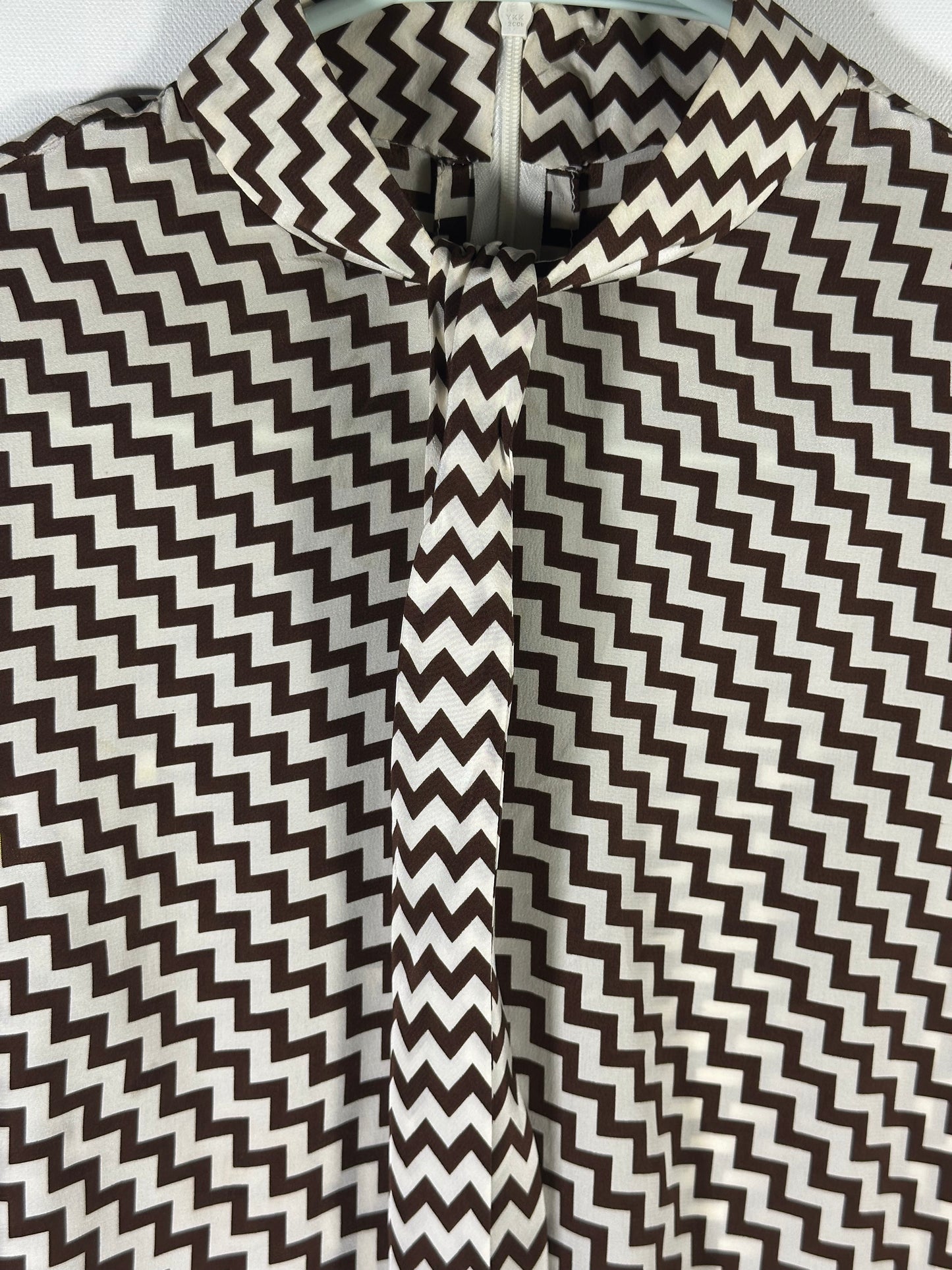 David Hayes Silk Neck Tie Blouse Brown and Cream Chevron Pattern