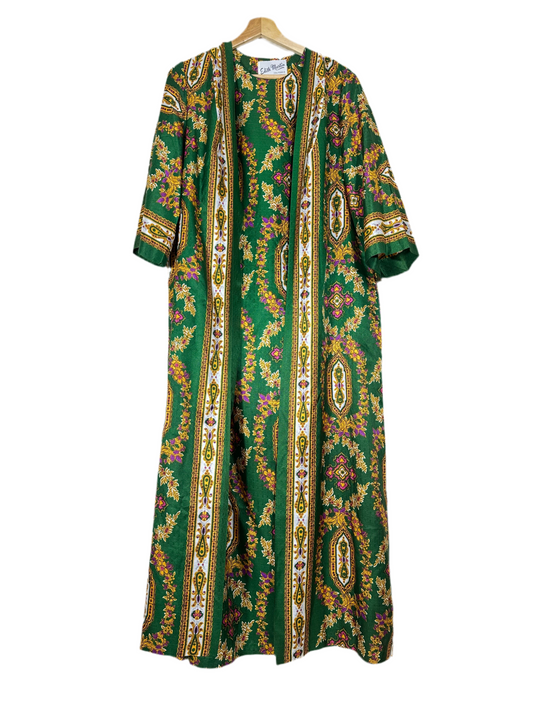 Vintage Kaftan Style Dress Green Ornate Pattern