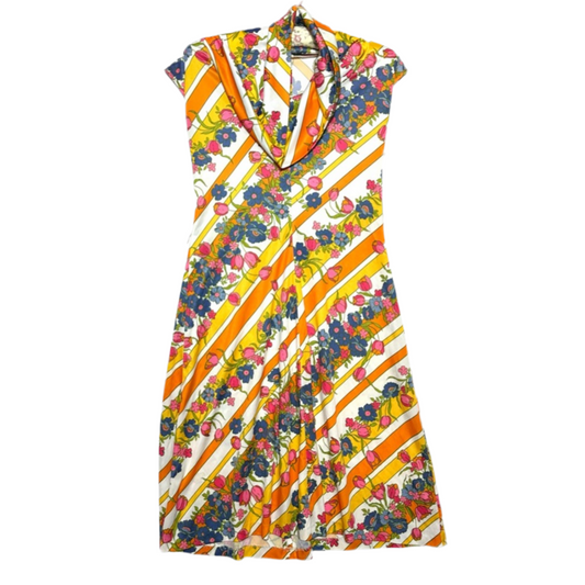1970s Striped Floral A-Line Dress – Orange, Pink & Blue Boho Mod Print