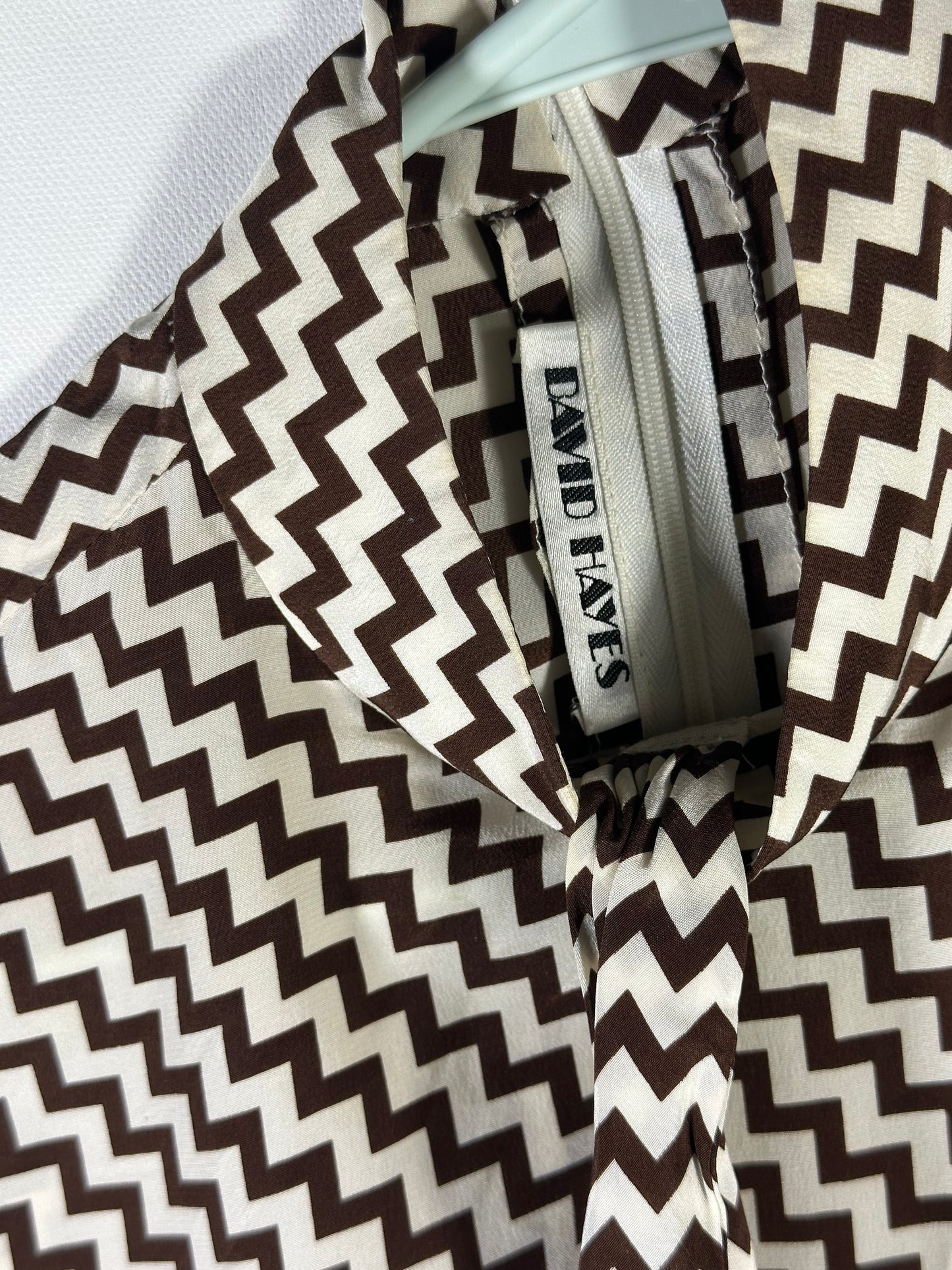 David Hayes Silk Neck Tie Blouse Brown and Cream Chevron Pattern