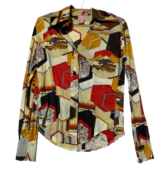 Groovy 1979s Abstract Geometric and Nature inspired pattern Button-Up