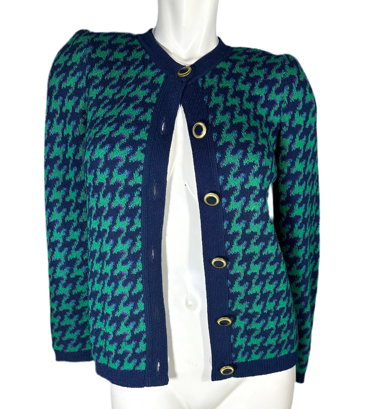 Pied De Poule Cardigan Sweater Green and Navy
