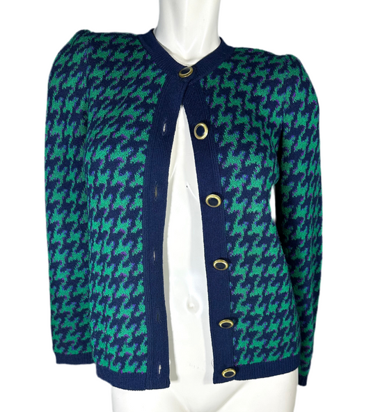 Pied De Poule Cardigan Sweater Green and Navy