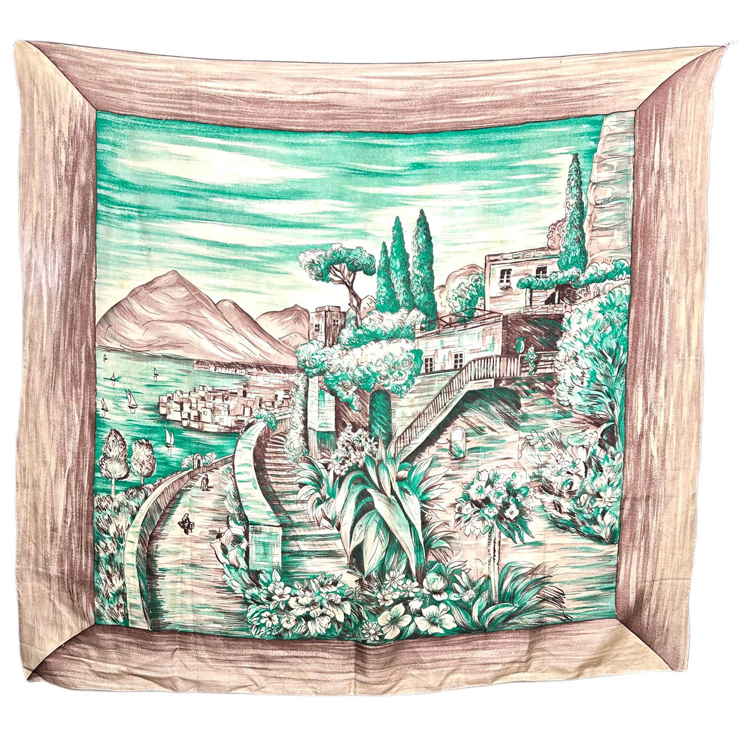 Vintage Brico Pure Silk Scarf - Italian Coastal Scene Print - Emerald Green & Brown Landscape