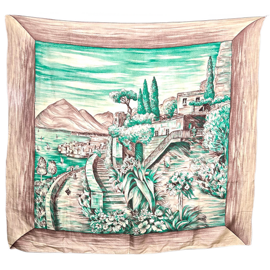 Vintage Brico Pure Silk Scarf - Italian Coastal Scene Print - Emerald Green & Brown Landscape