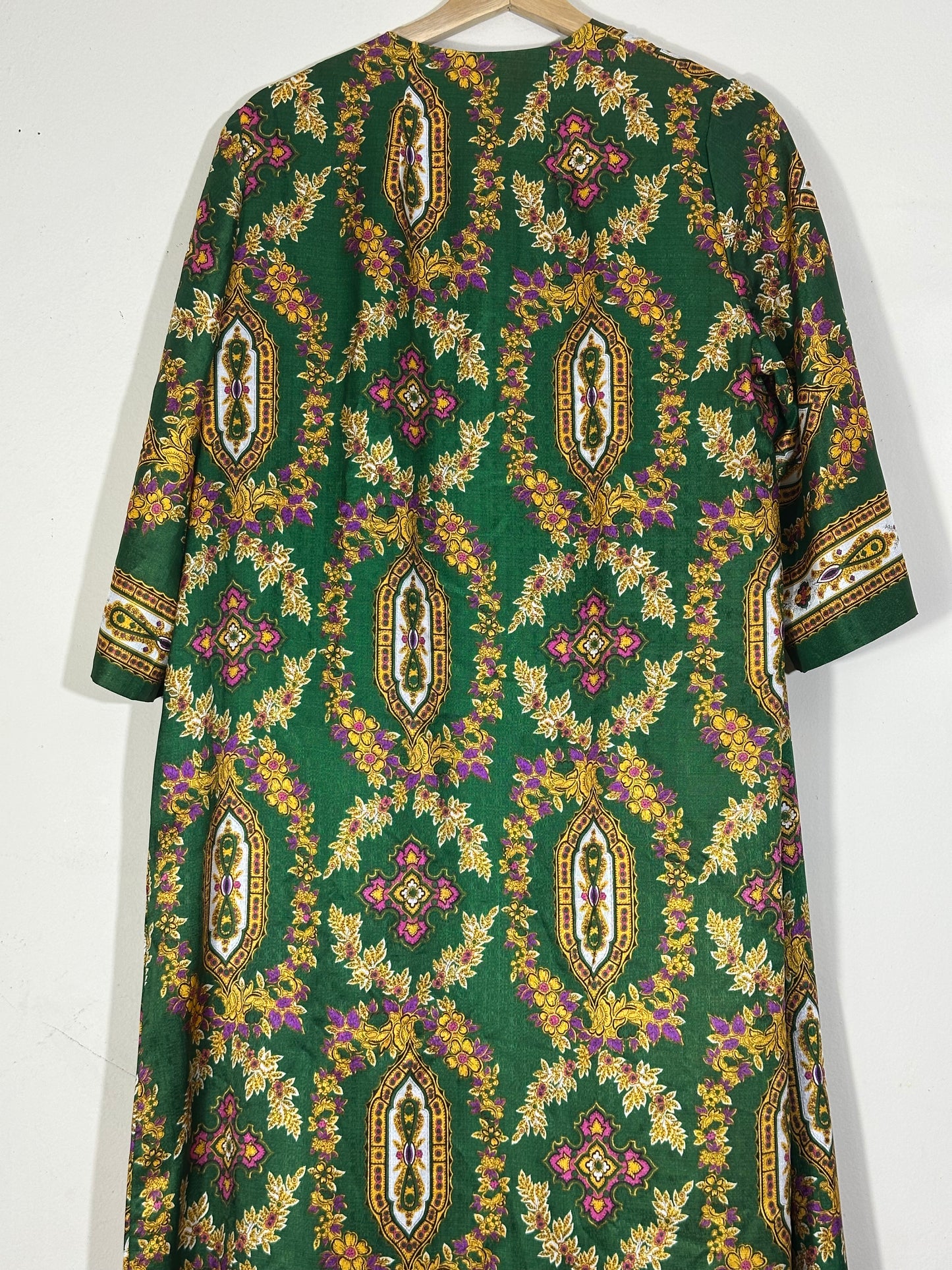 Vintage Kaftan Style Dress Green Ornate Pattern
