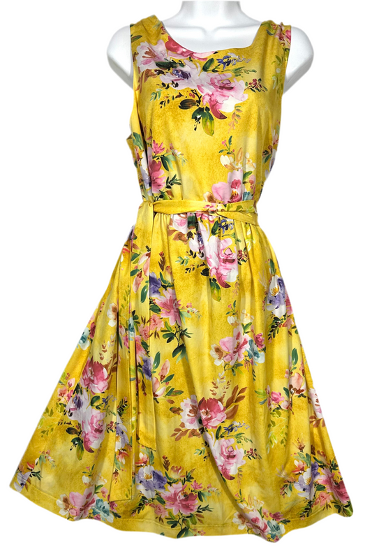 Hand Made 1960s Inspired Floral Golden Dress by Janet Smith M/L