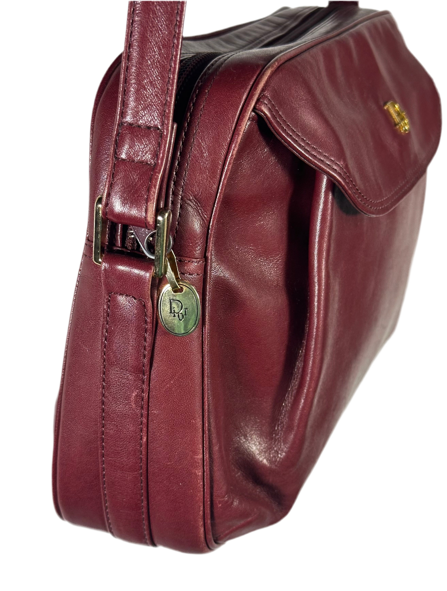 Vintage Christian Dior Red Leather Crossbody Bag with Gold Dior Emblem- Classic & Authentic