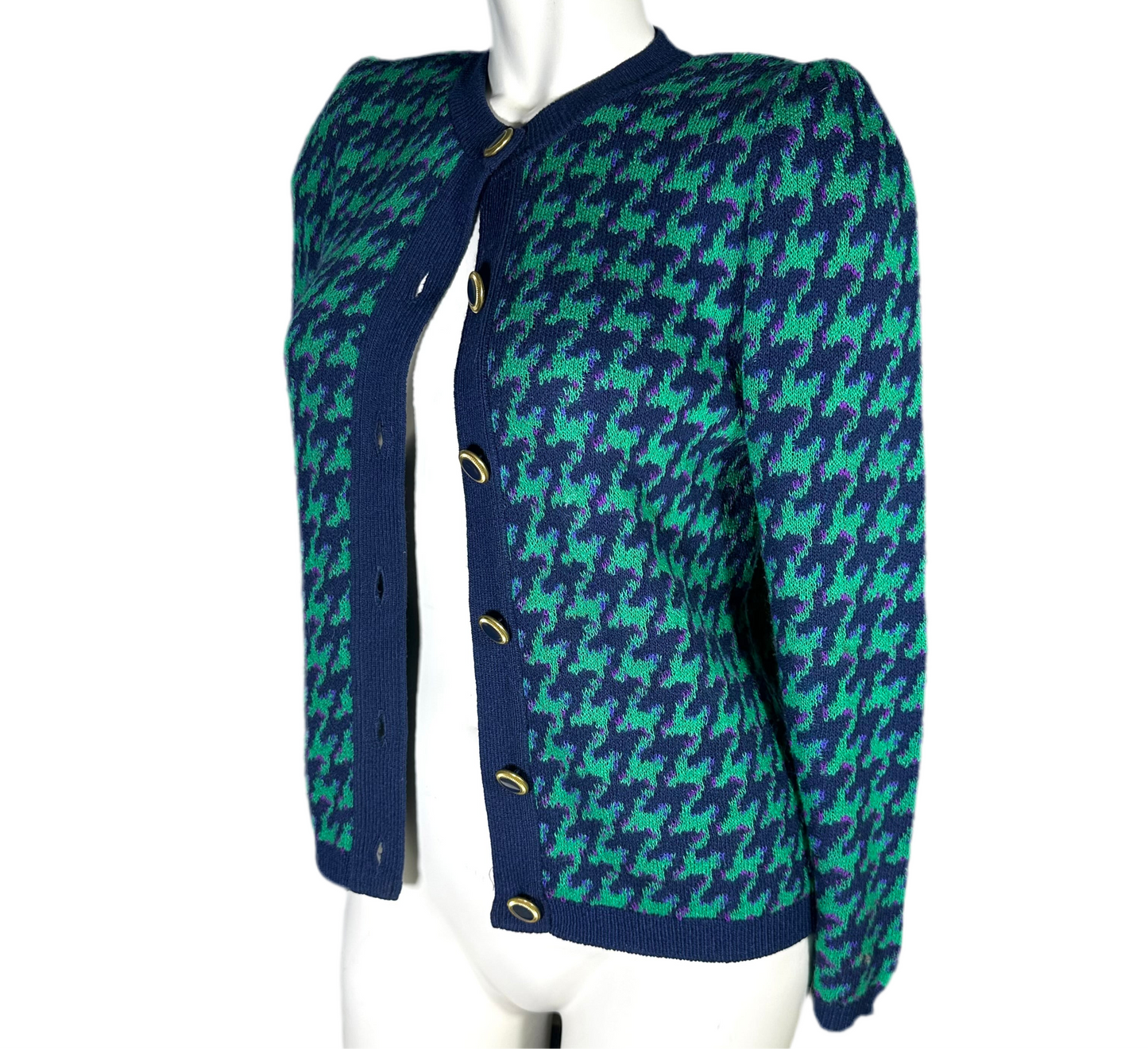 Pied De Poule Cardigan Sweater Green and Navy