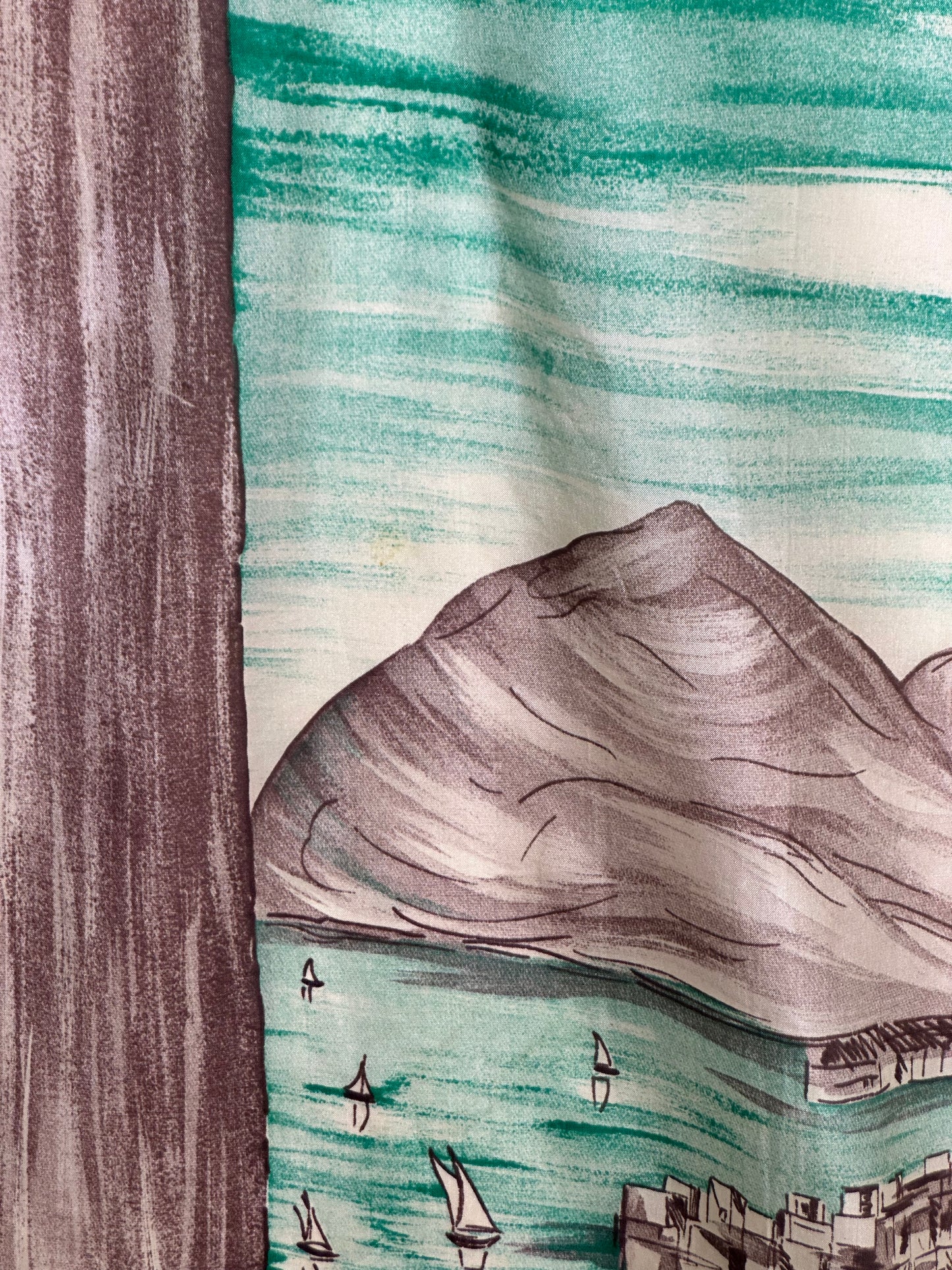 Vintage Brico Pure Silk Scarf - Italian Coastal Scene Print - Emerald Green & Brown Landscape