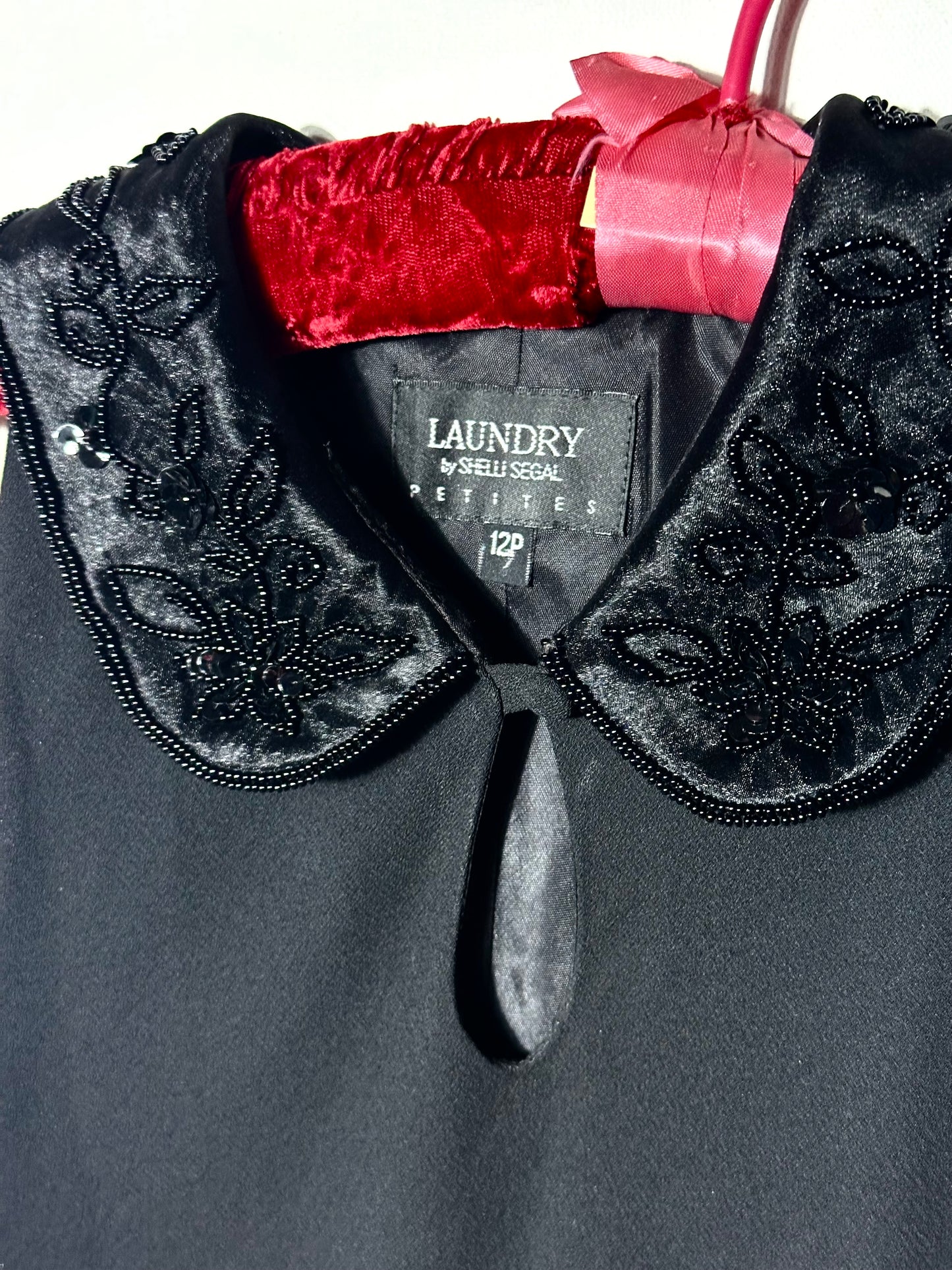 1990s Laundry By Shelli Segal Embroidered Beaded Collar Little Black Dresd