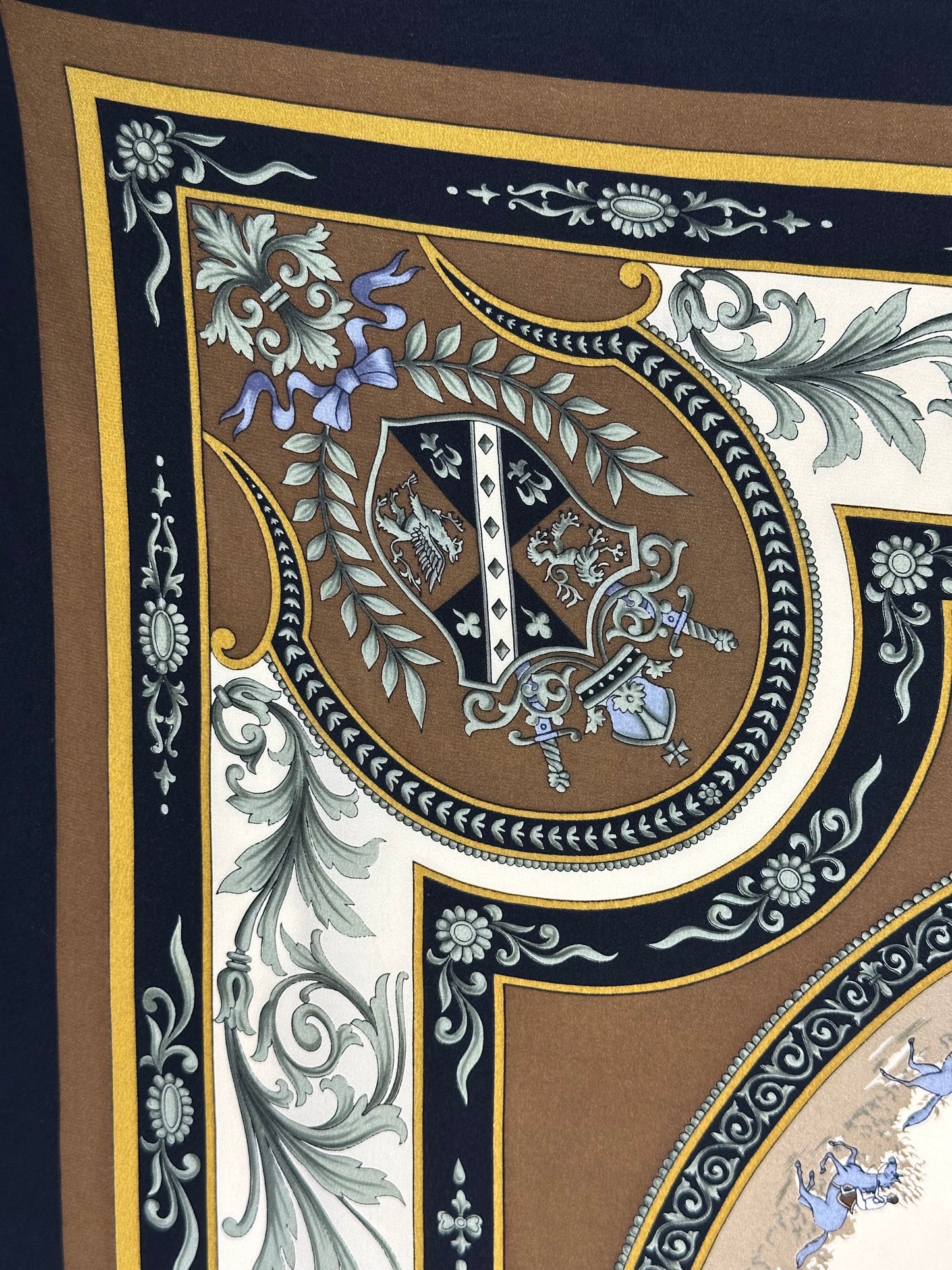 Vintage Silk Square Scarf - Equestrian Crest & Baroque Motif in Black, Brown & Gold