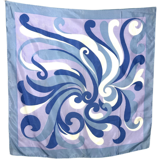 1970s Swirling Blue and Lavender hand rolled Scarf