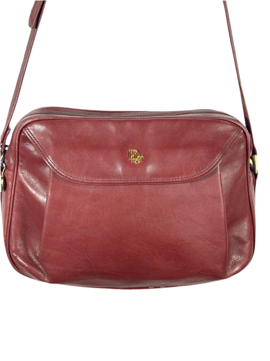 Vintage Christian Dior Red Leather Crossbody Bag with Gold Dior Emblem- Classic & Authentic
